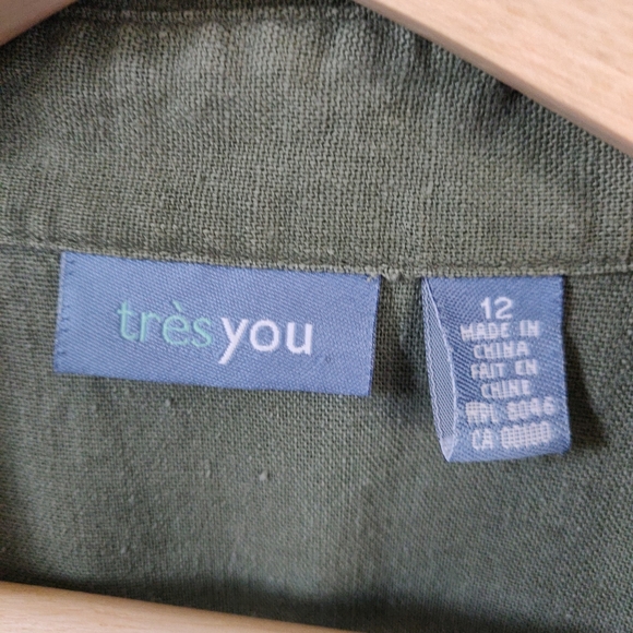 Tres You Green Linen Blend Button-Up Short Sleeve Size 12 - Picture 9 of 12